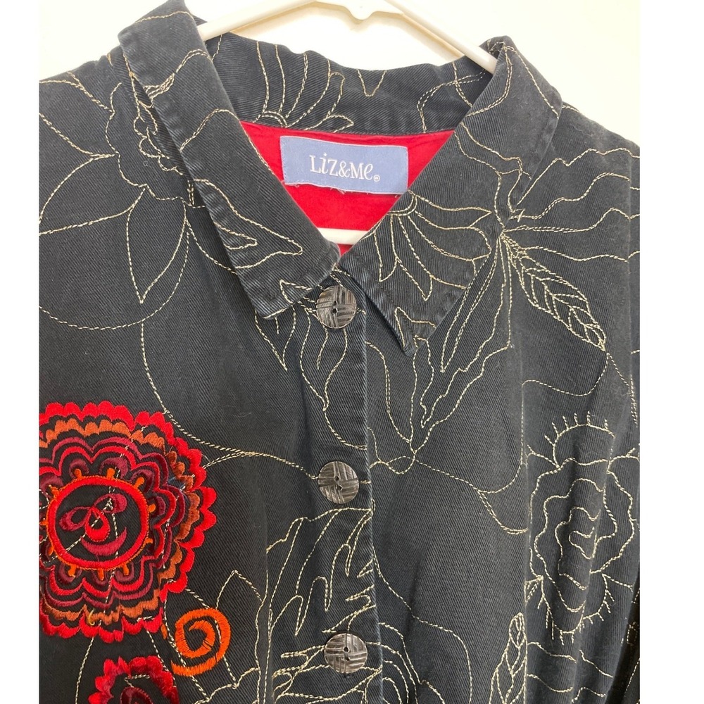 Liz & Me Women Jacket Embroidered Floral Button Up Large Black - Picture 2 of 9